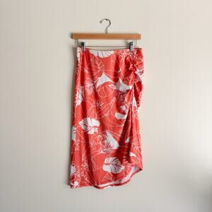Patagonia Coral + White Hibiscus Side Gathered Knee Length Skirt - Small